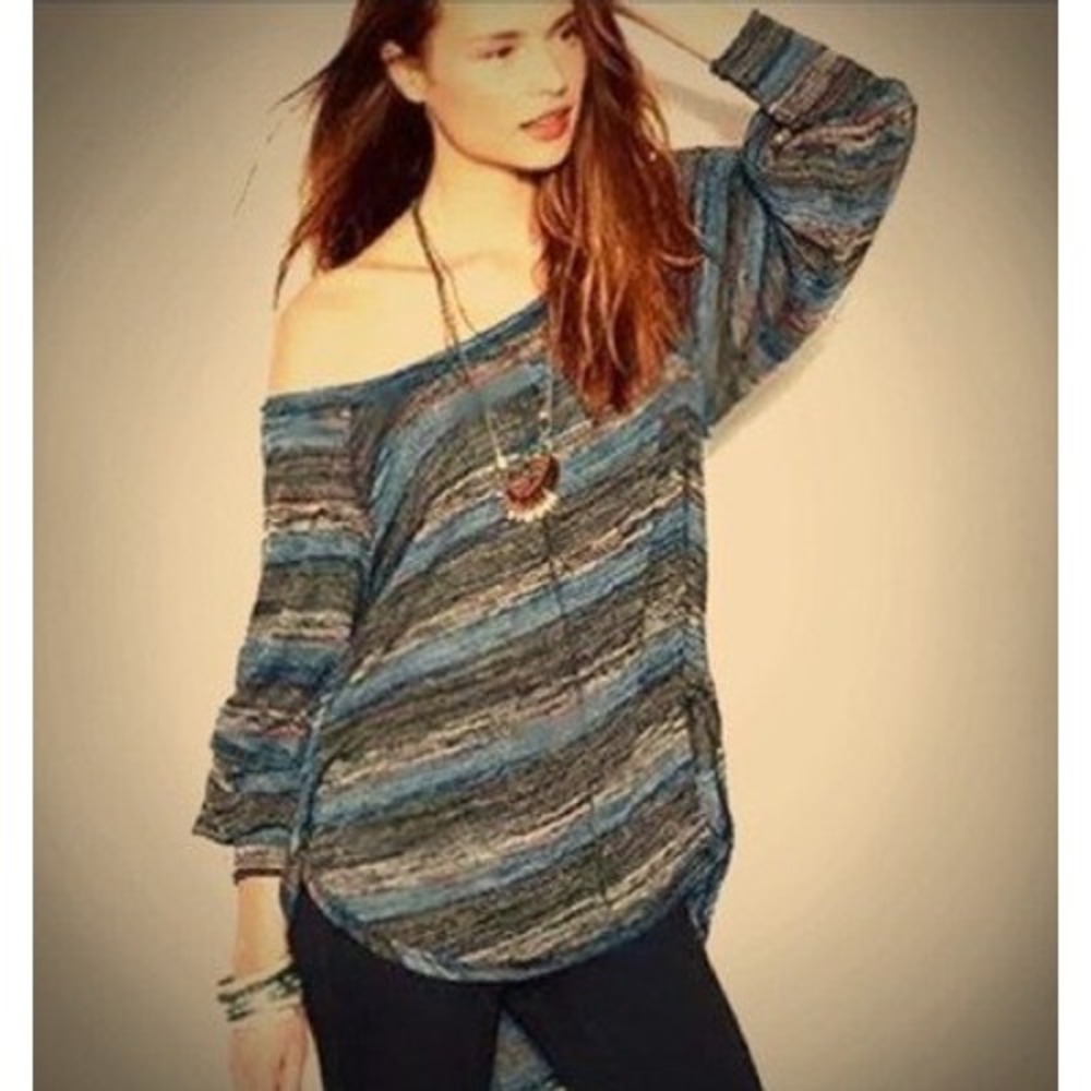 Free People Carolina Hacci Stripe Marled Knit Balloon Sleeve Sweater Top Size L‎